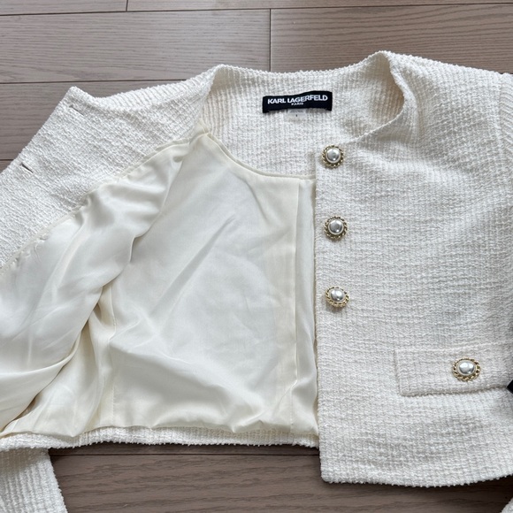 Karl Lagerfeld Paris Ivory Tweed Cropped Blazer - Picture 4 of 6